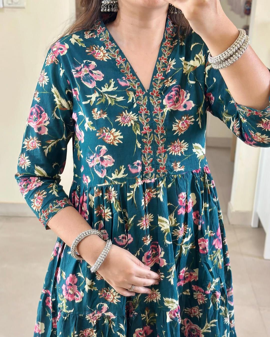PURE COTTON AJRAKH PRINT ANARKALI KURTI WITH FULL FLAIR