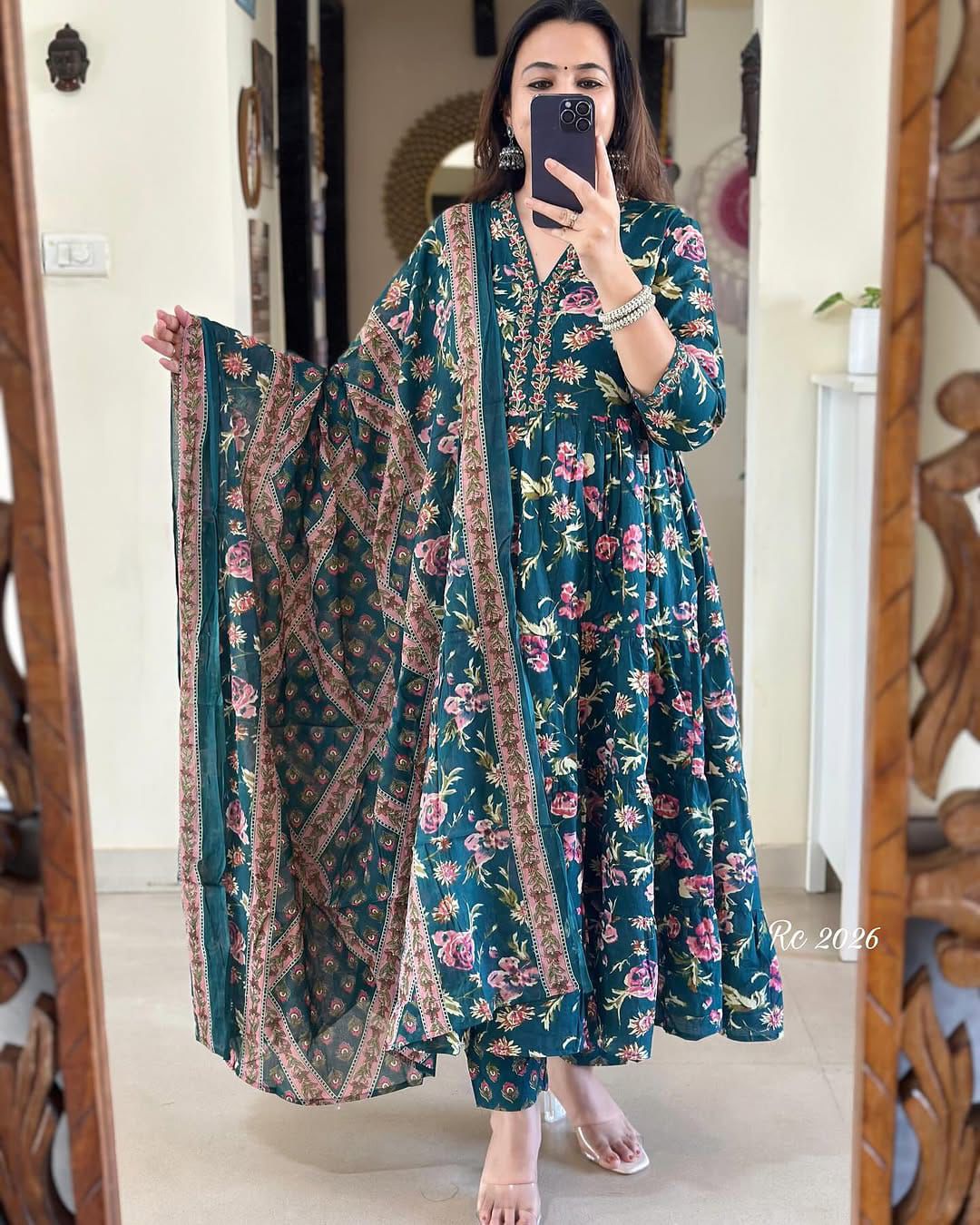 PURE COTTON AJRAKH PRINT ANARKALI KURTI WITH FULL FLAIR