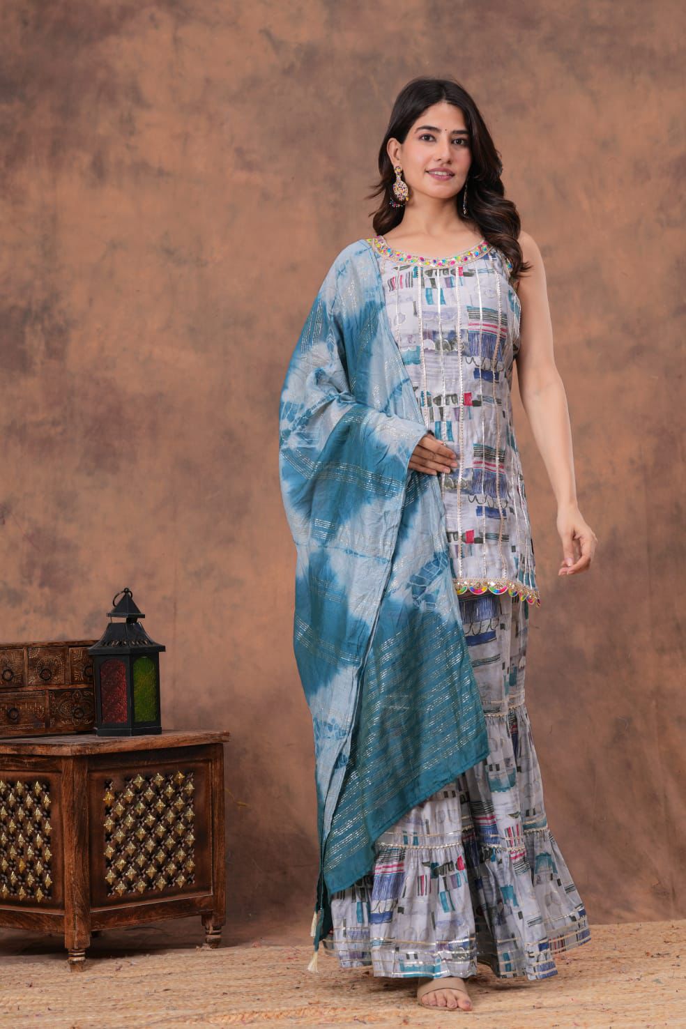 Short straight style kurti with sharara and dupatta sets