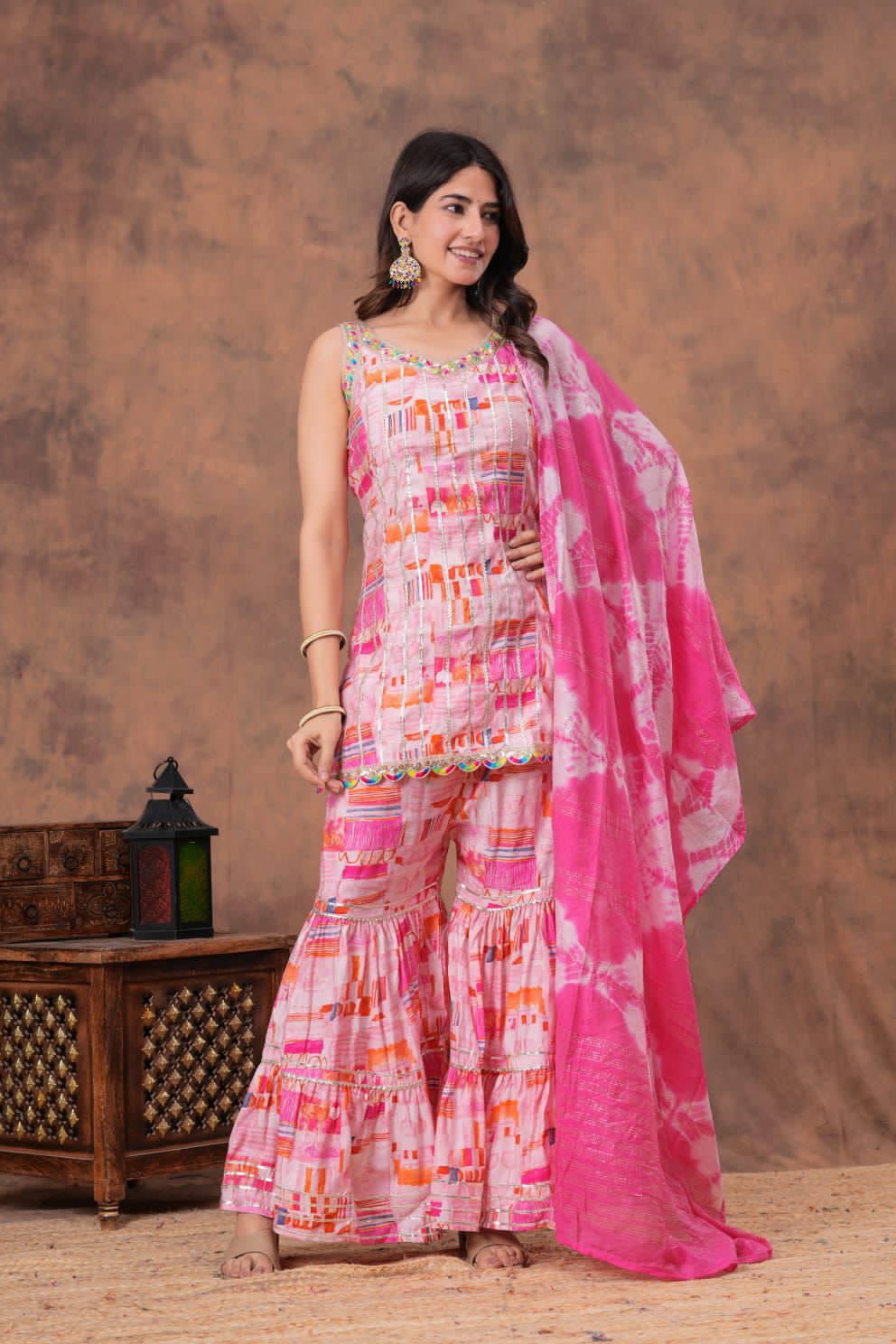 Short straight style kurti with sharara and dupatta sets