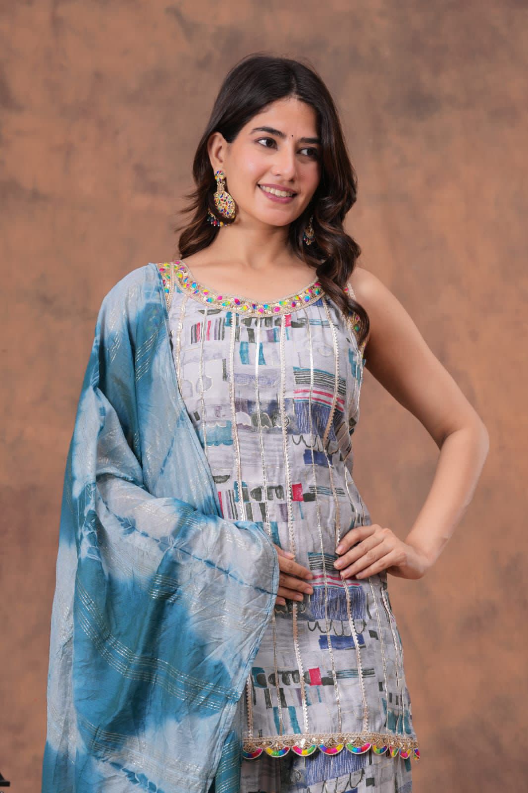 Short straight style kurti with sharara and dupatta sets