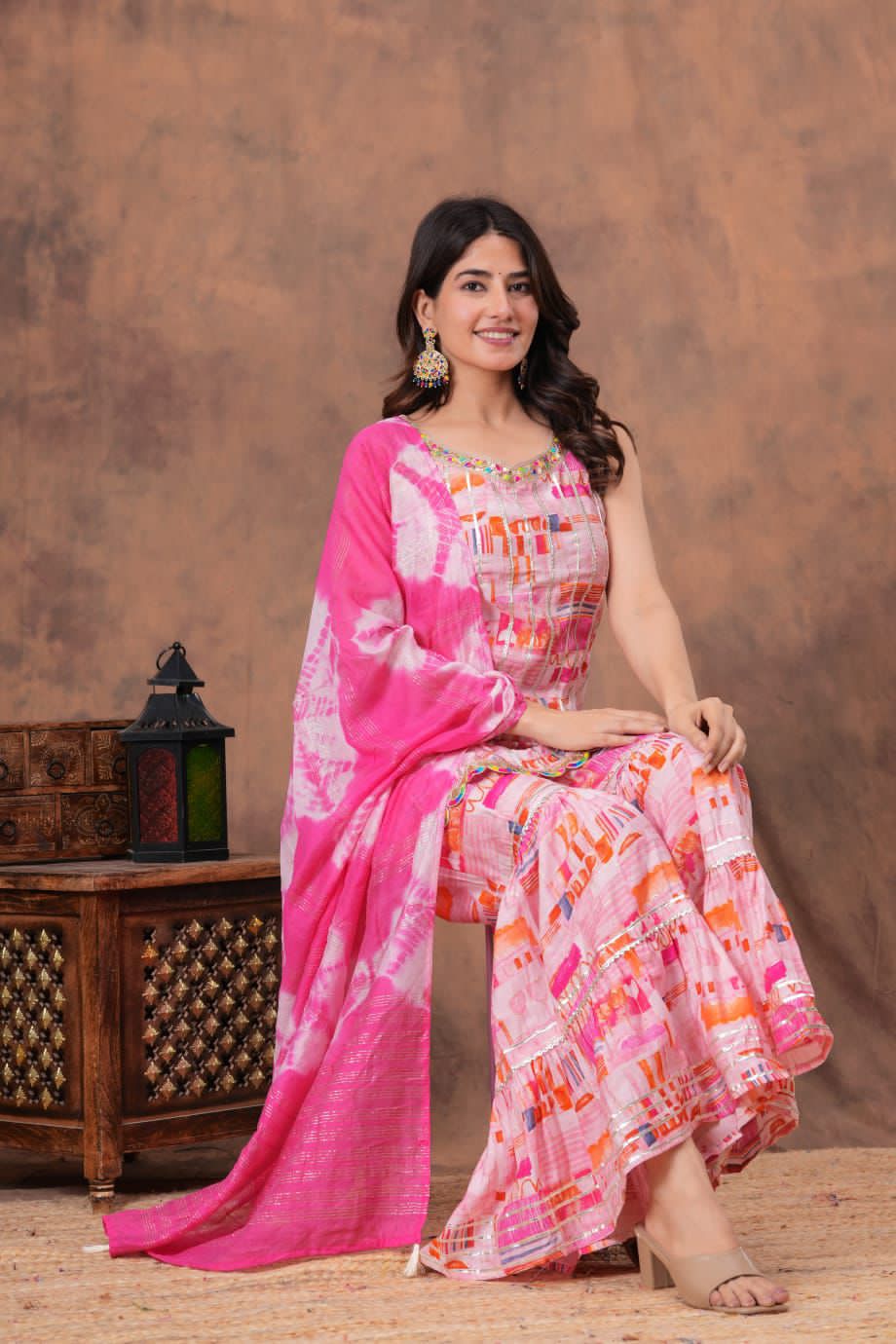 Short straight style kurti with sharara and dupatta sets