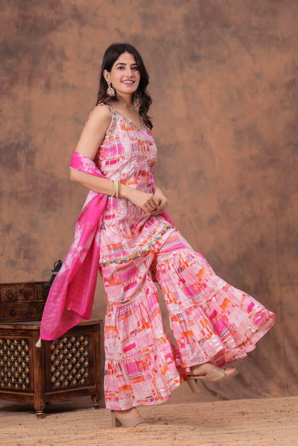 Short straight style kurti with sharara and dupatta sets