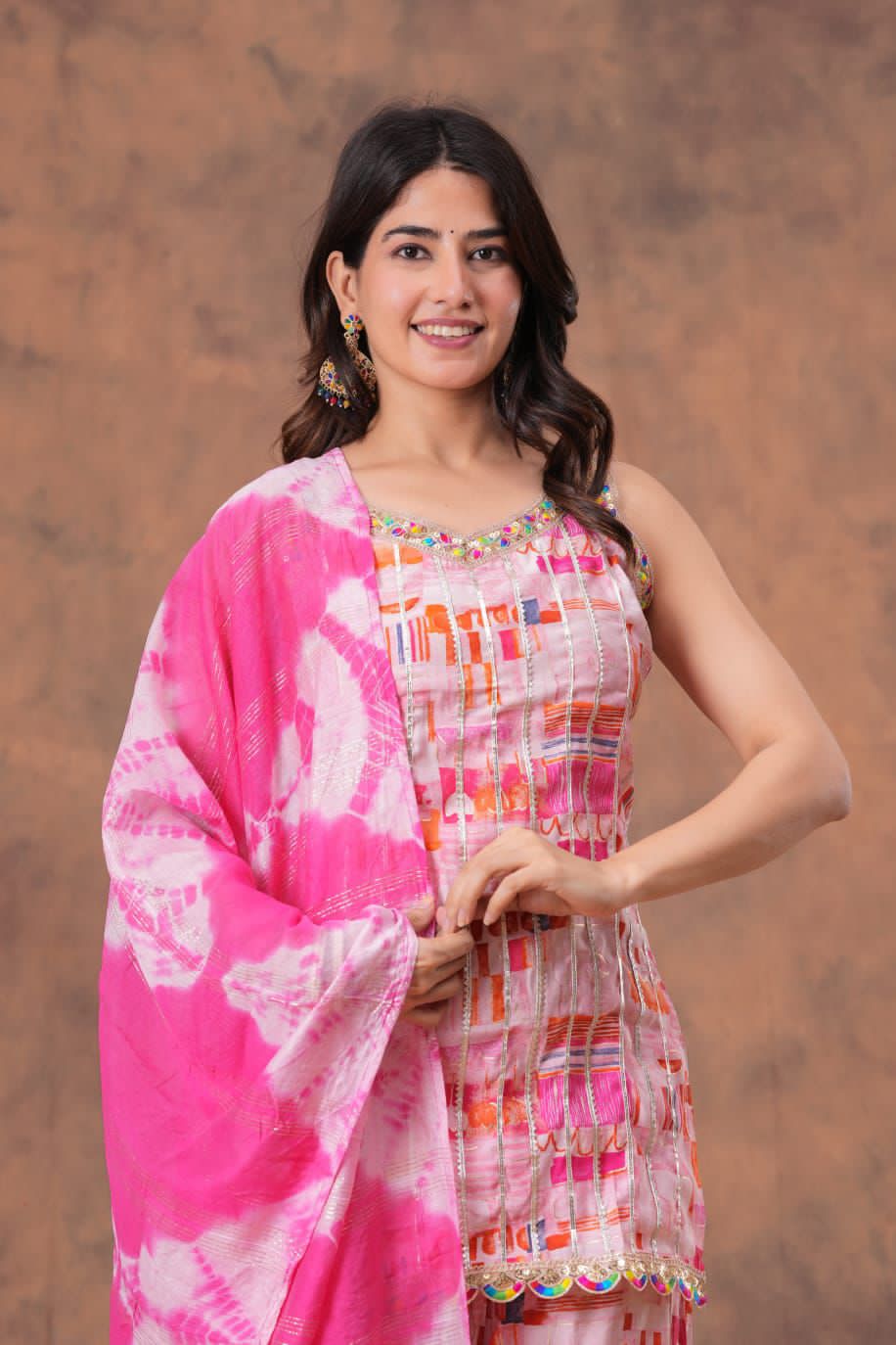 Short straight style kurti with sharara and dupatta sets