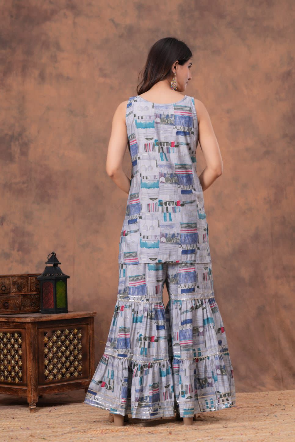 Short straight style kurti with sharara and dupatta sets