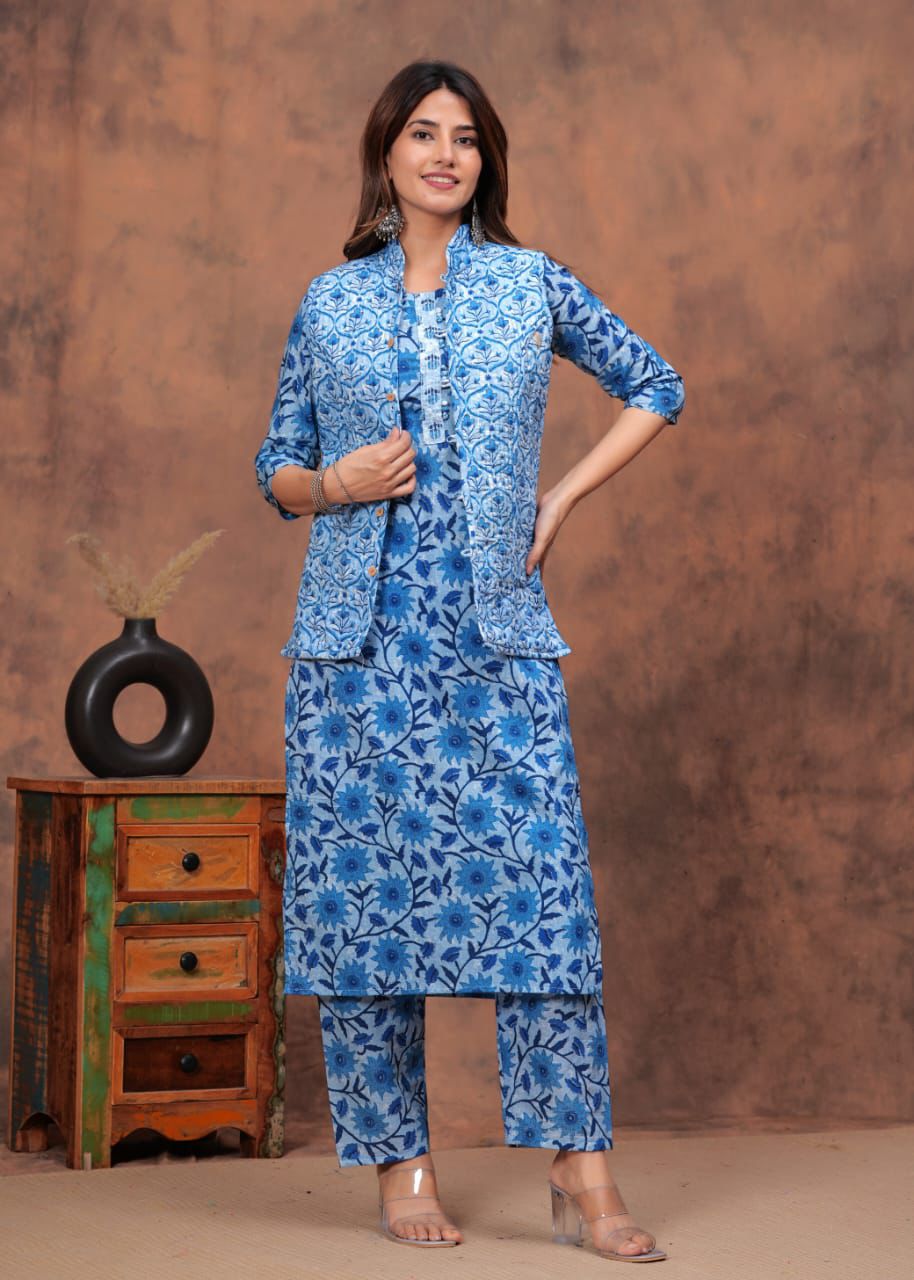 Straight kurti, pant with both side wear jacket