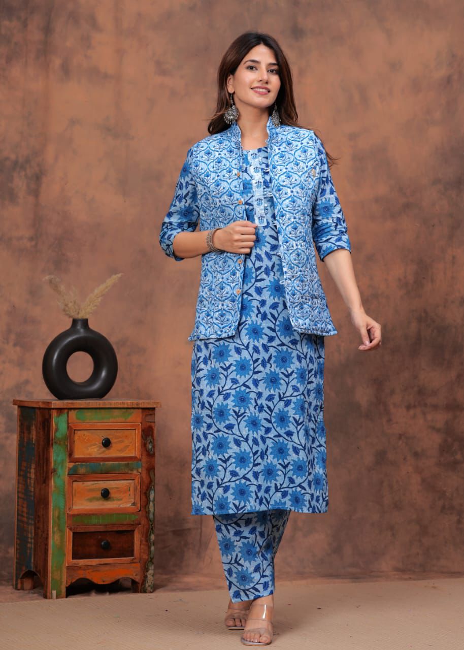 Straight kurti, pant with both side wear jacket