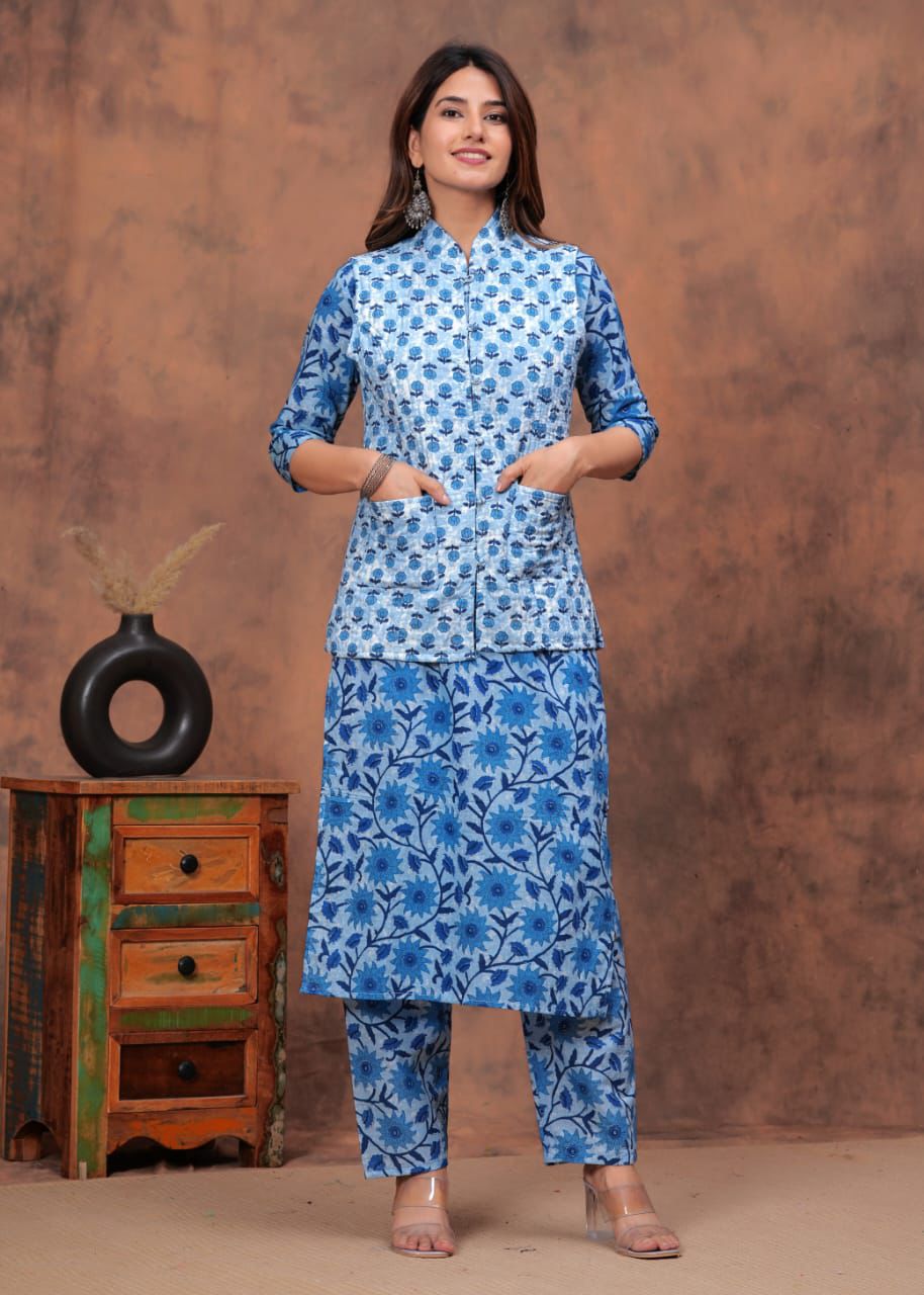 Straight kurti, pant with both side wear jacket