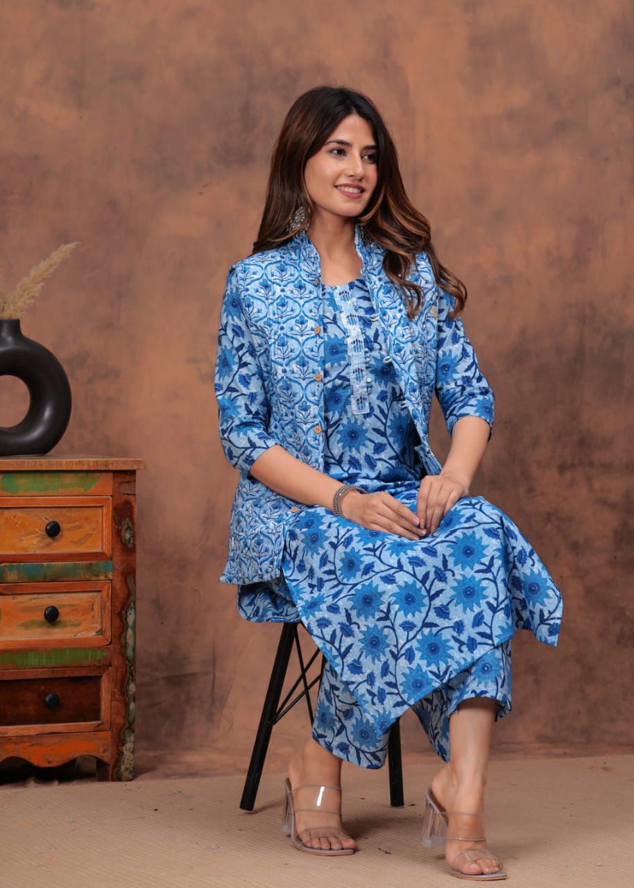 Straight kurti, pant with both side wear jacket