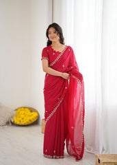 heavy star georgette silk With embroidery and moti work with embroidery work blouse with Beautiful  Tone  colour   saree