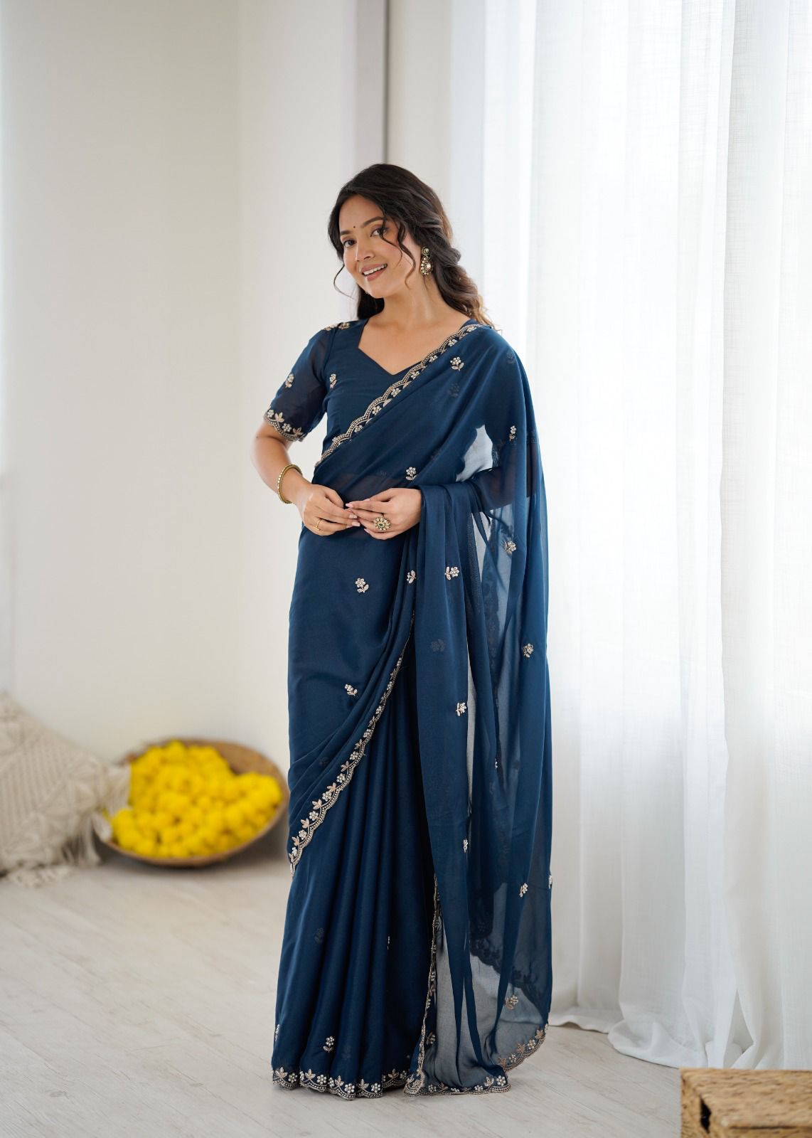 heavy star georgette silk With embroidery and moti work with embroidery work blouse with Beautiful  Tone  colour   saree