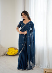 heavy star georgette silk With embroidery and moti work with embroidery work blouse with Beautiful  Tone  colour   saree