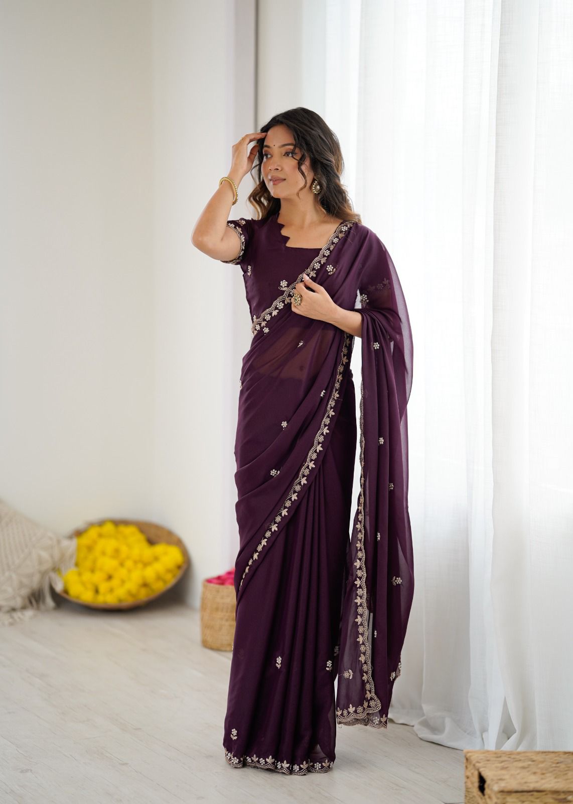 heavy star georgette silk With embroidery and moti work with embroidery work blouse with Beautiful  Tone  colour   saree