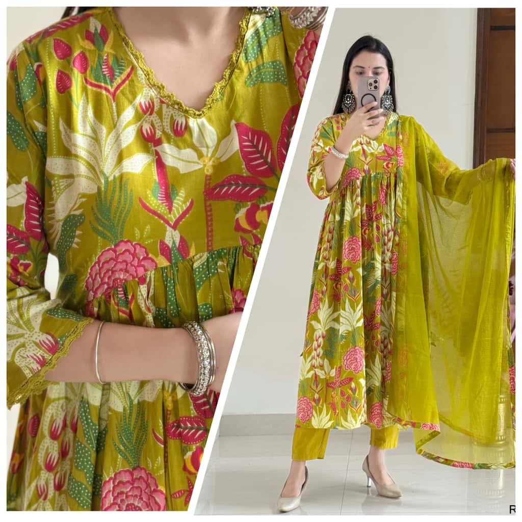 New anarkali kurta set   with embroidery & lace work