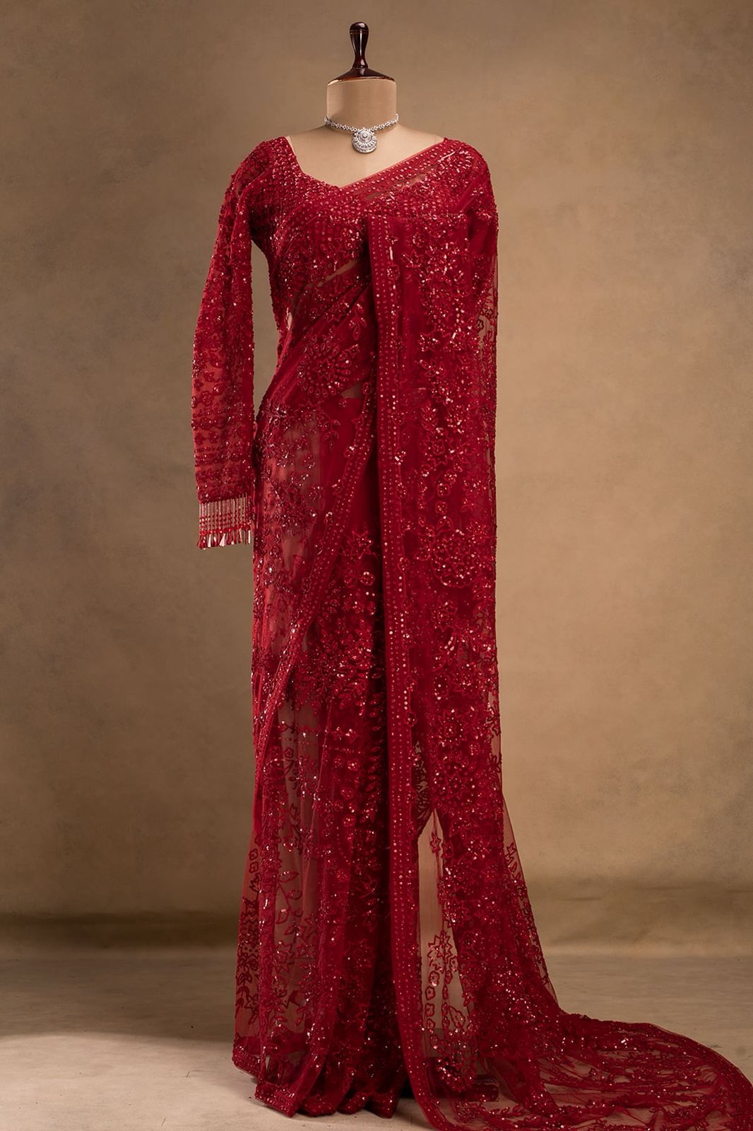NEW SUPERHIT DESIGN ON FAUX GEORGETTE FABRIC WITH HEAVY EMBROIDERY & FANCY LACE WORK SAREE WITH STITCH BLOUSE