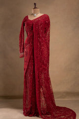 NEW SUPERHIT DESIGN ON FAUX GEORGETTE FABRIC WITH HEAVY EMBROIDERY & FANCY LACE WORK SAREE WITH STITCH BLOUSE