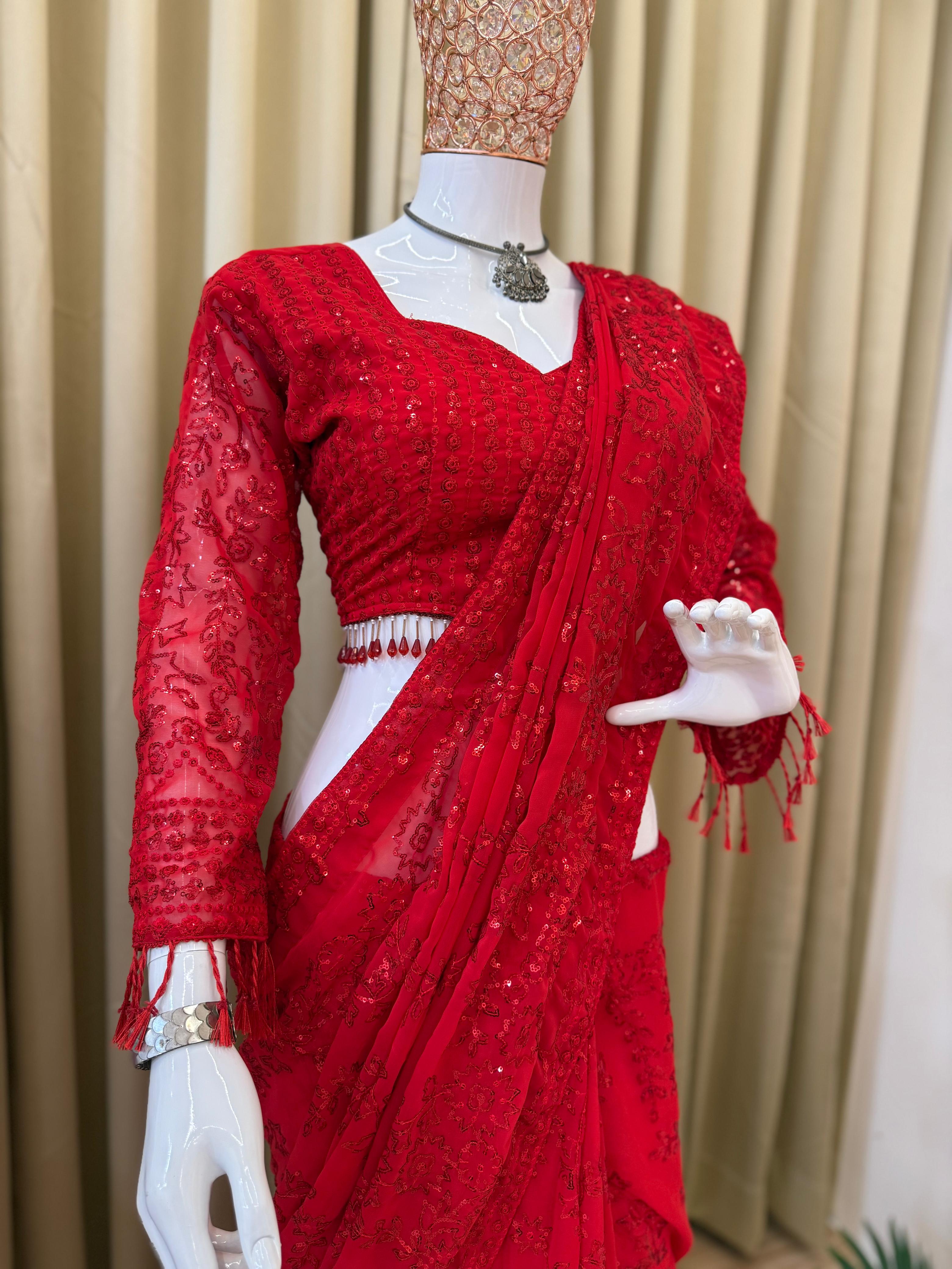 NEW SUPERHIT DESIGN ON FAUX GEORGETTE FABRIC WITH HEAVY EMBROIDERY & FANCY LACE WORK SAREE WITH STITCH BLOUSE