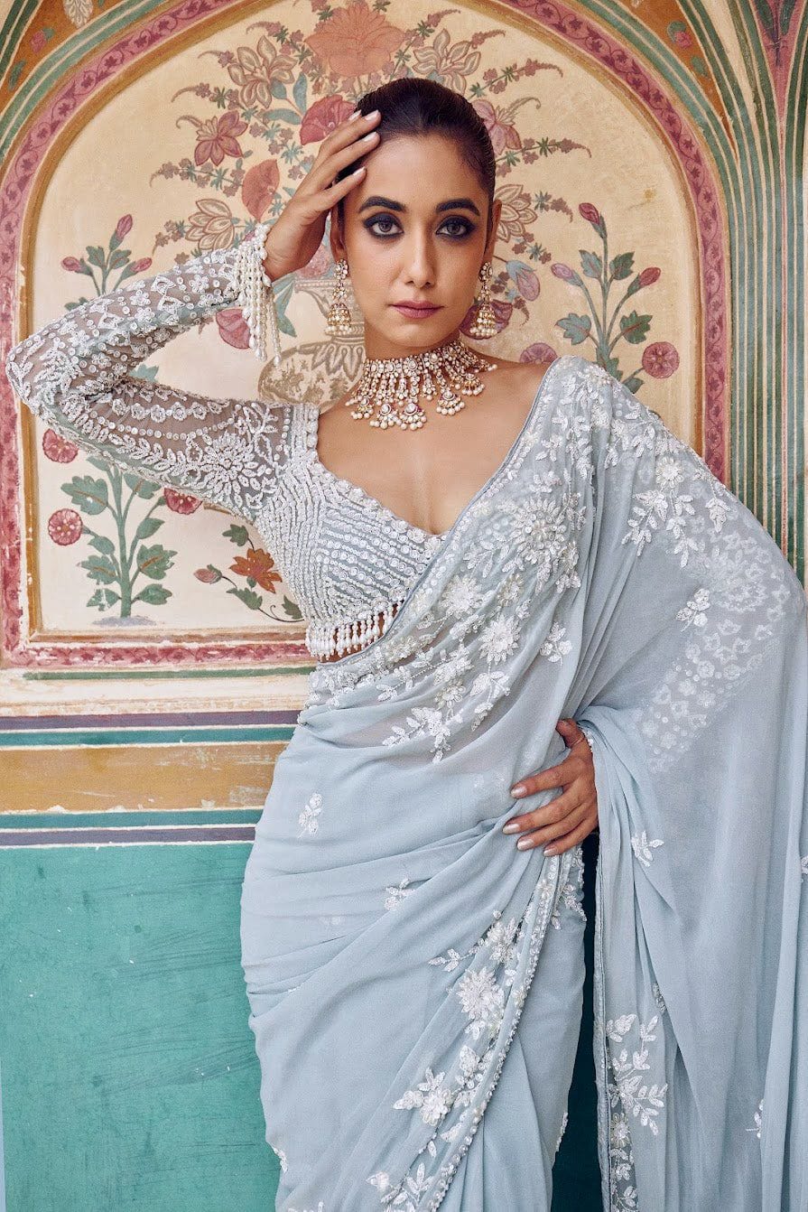 Premium Georgette Saree Embellished With Thread Embroidery And Beautiful Sequins Work