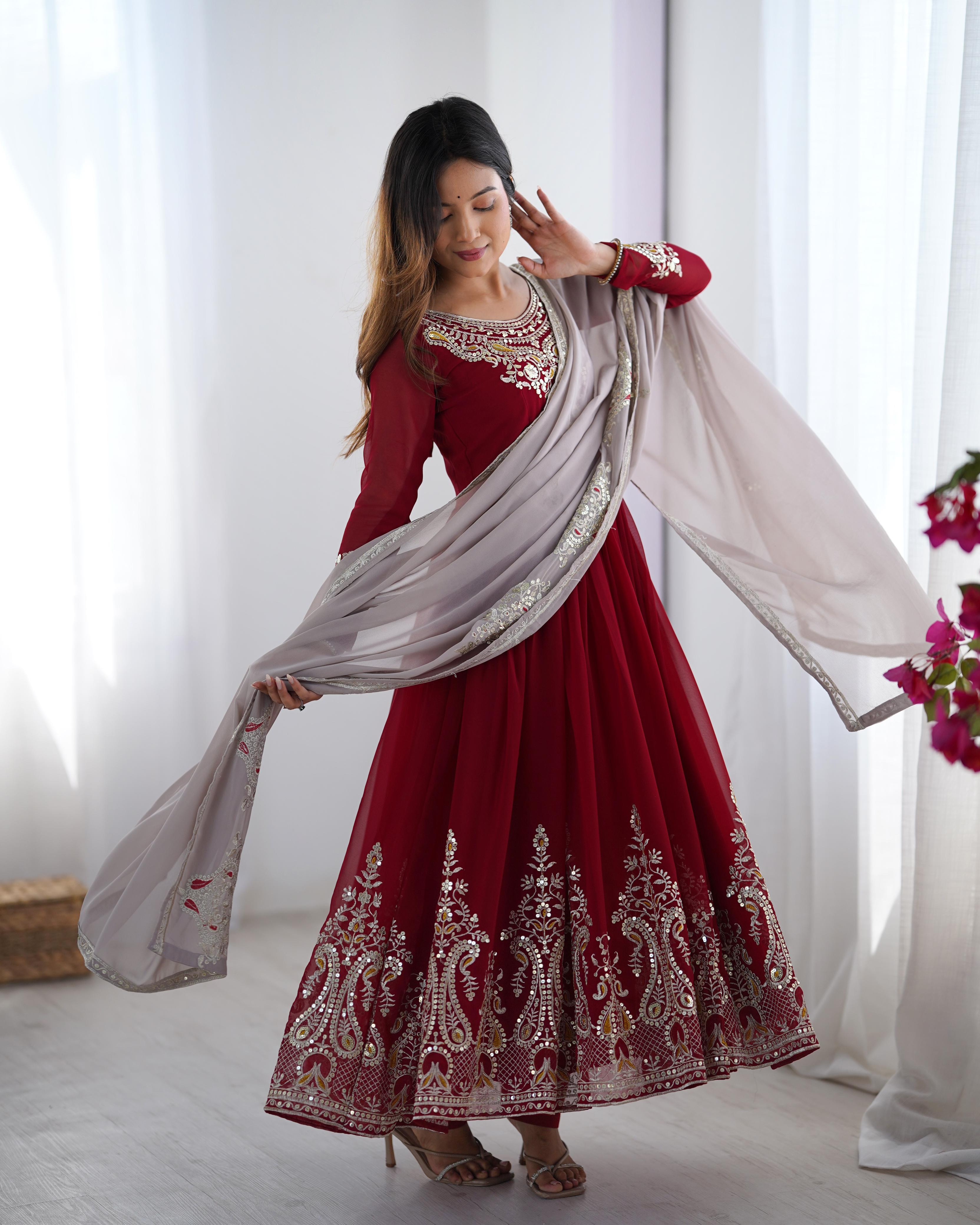 Elegant Embroidered Sequence Designer Anarkali Three Piece Set"