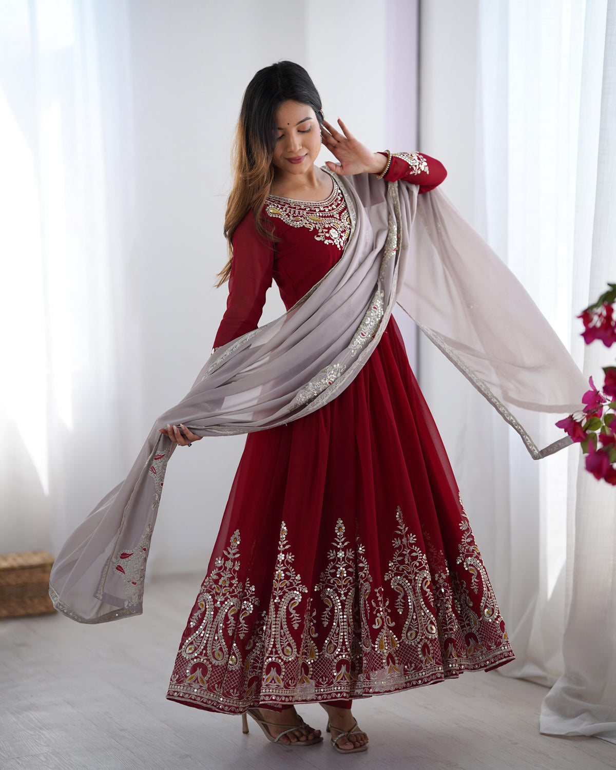 Elegant Embroidered Sequence Designer Anarkali Three Piece Set"