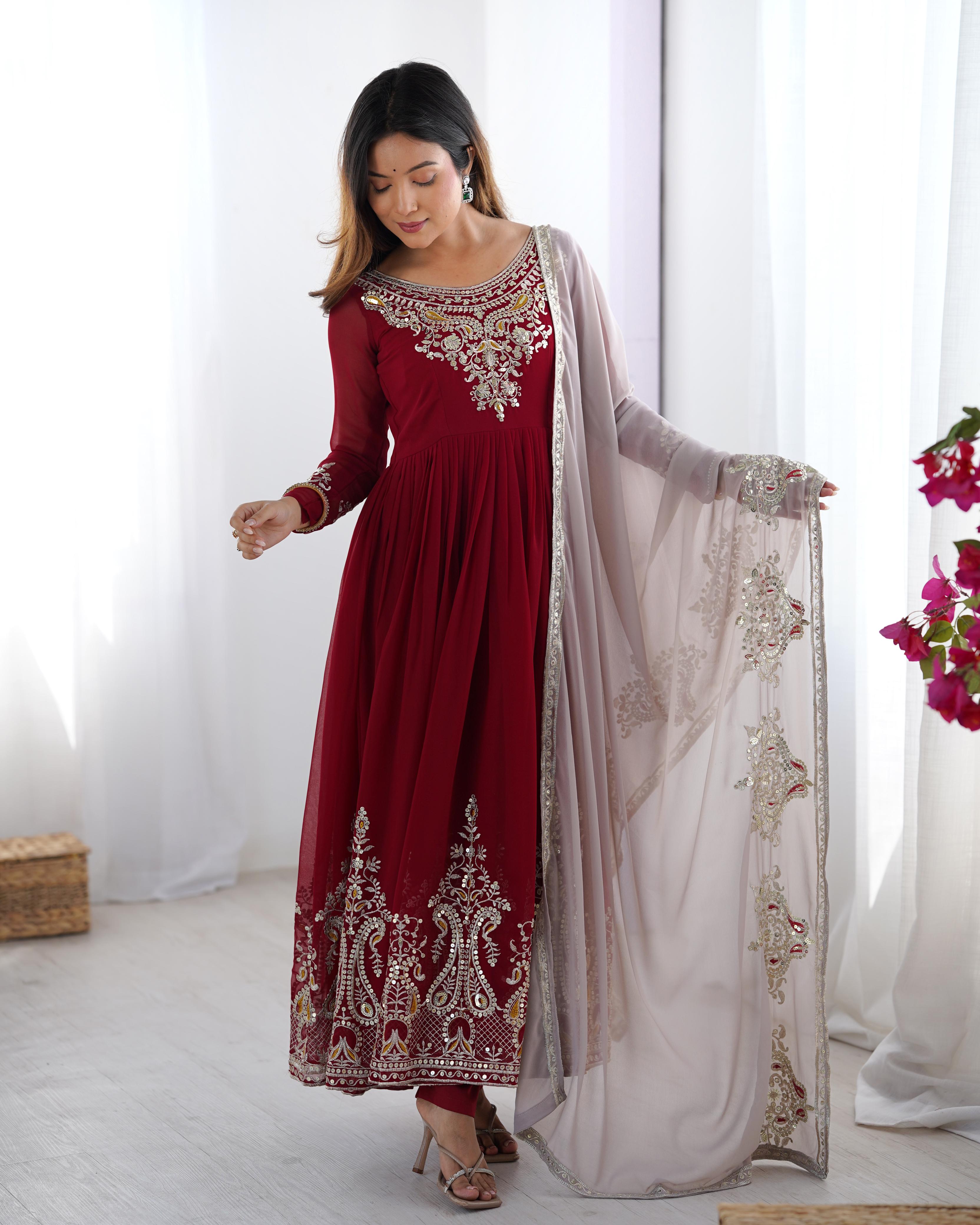 Elegant Embroidered Sequence Designer Anarkali Three Piece Set"