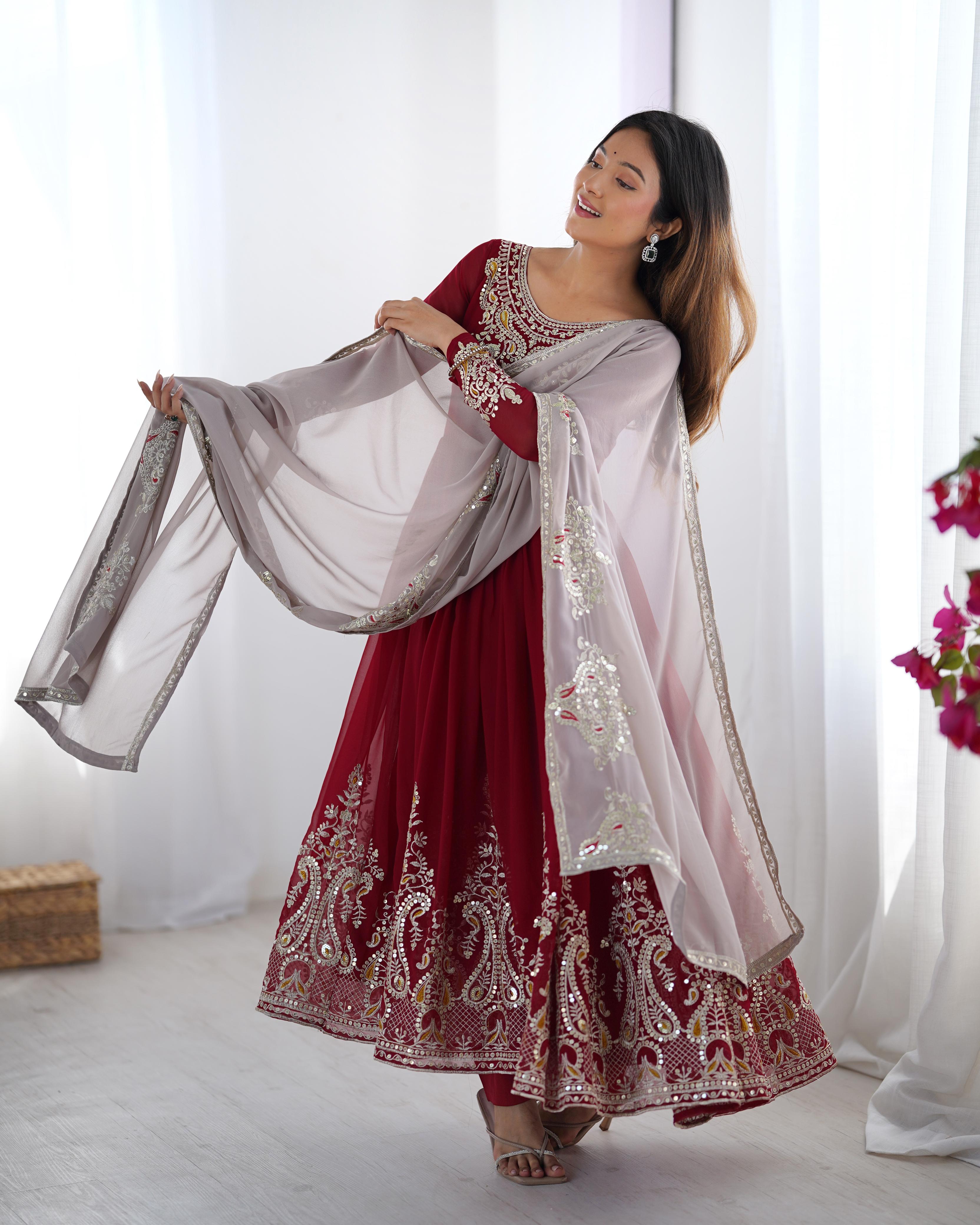 Elegant Embroidered Sequence Designer Anarkali Three Piece Set"