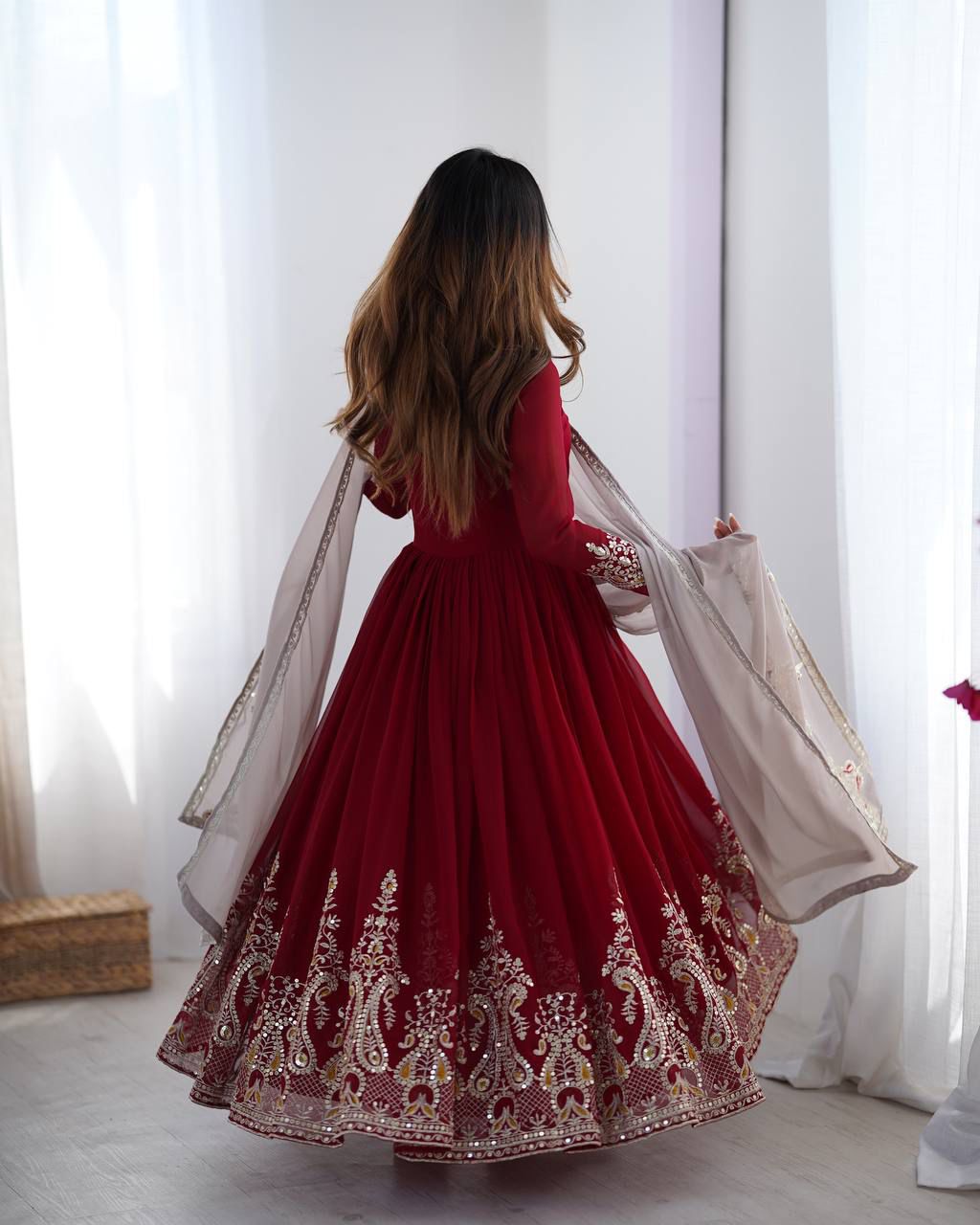 Elegant Embroidered Sequence Designer Anarkali Three Piece Set"