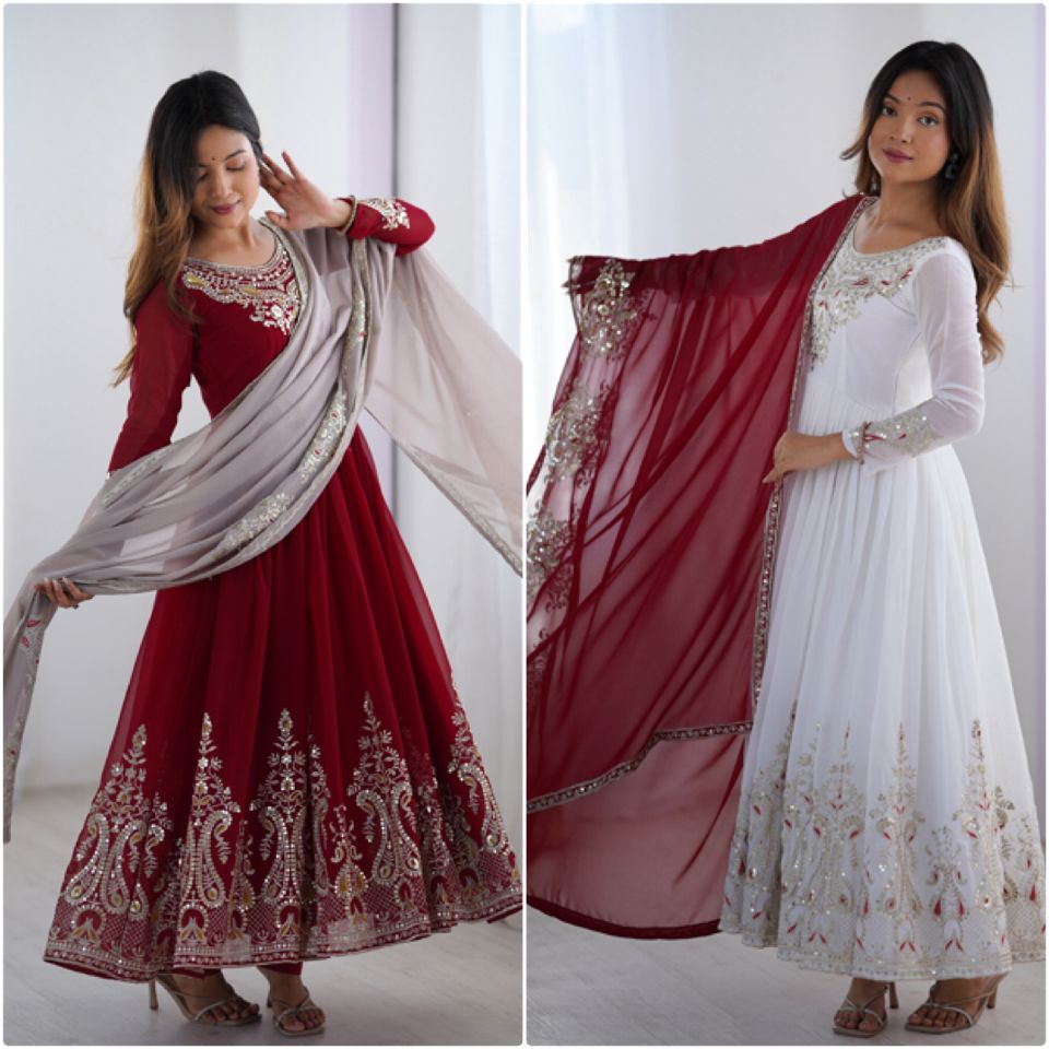 Elegant Embroidered Sequence Designer Anarkali Three Piece Set"