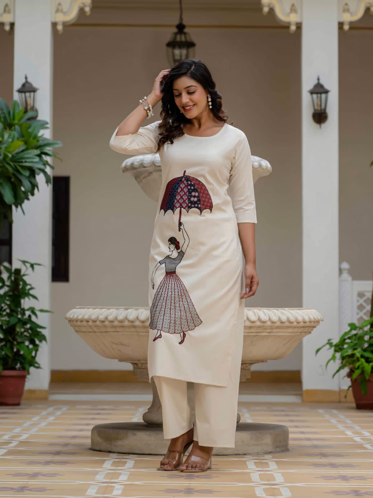 Beautiful Suit Sets in PURE KHADI COTTON Top With Plazzo, it is beautifully decorated with Multi thread work desgins