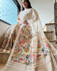 Plain Linen saree with digital print