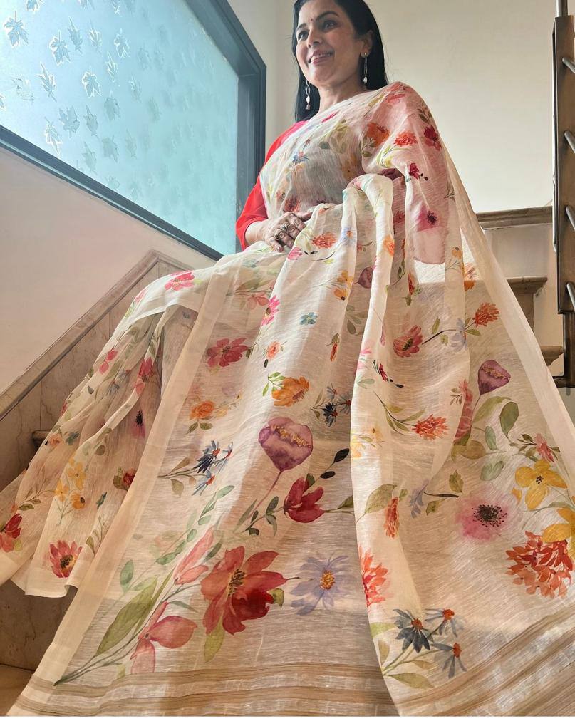 Plain Linen saree with digital print