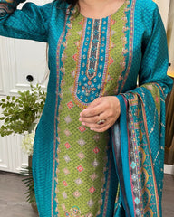 Beautiful Suit Sets in Pure KitKat Silk Top with Full Handwork Nack And Pent, And Kitkat Silk Duppata it is beautifully decorated Desgins With Kitkat Silk Duppata With Printed