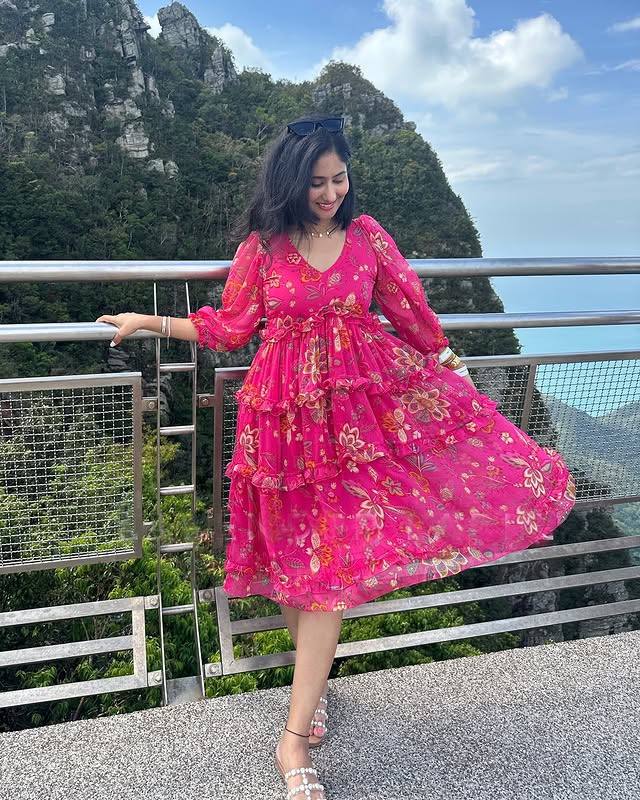 Pink Floral Layered Midi Dress