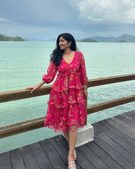 Pink Floral Layered Midi Dress