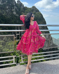 Pink Floral Layered Midi Dress