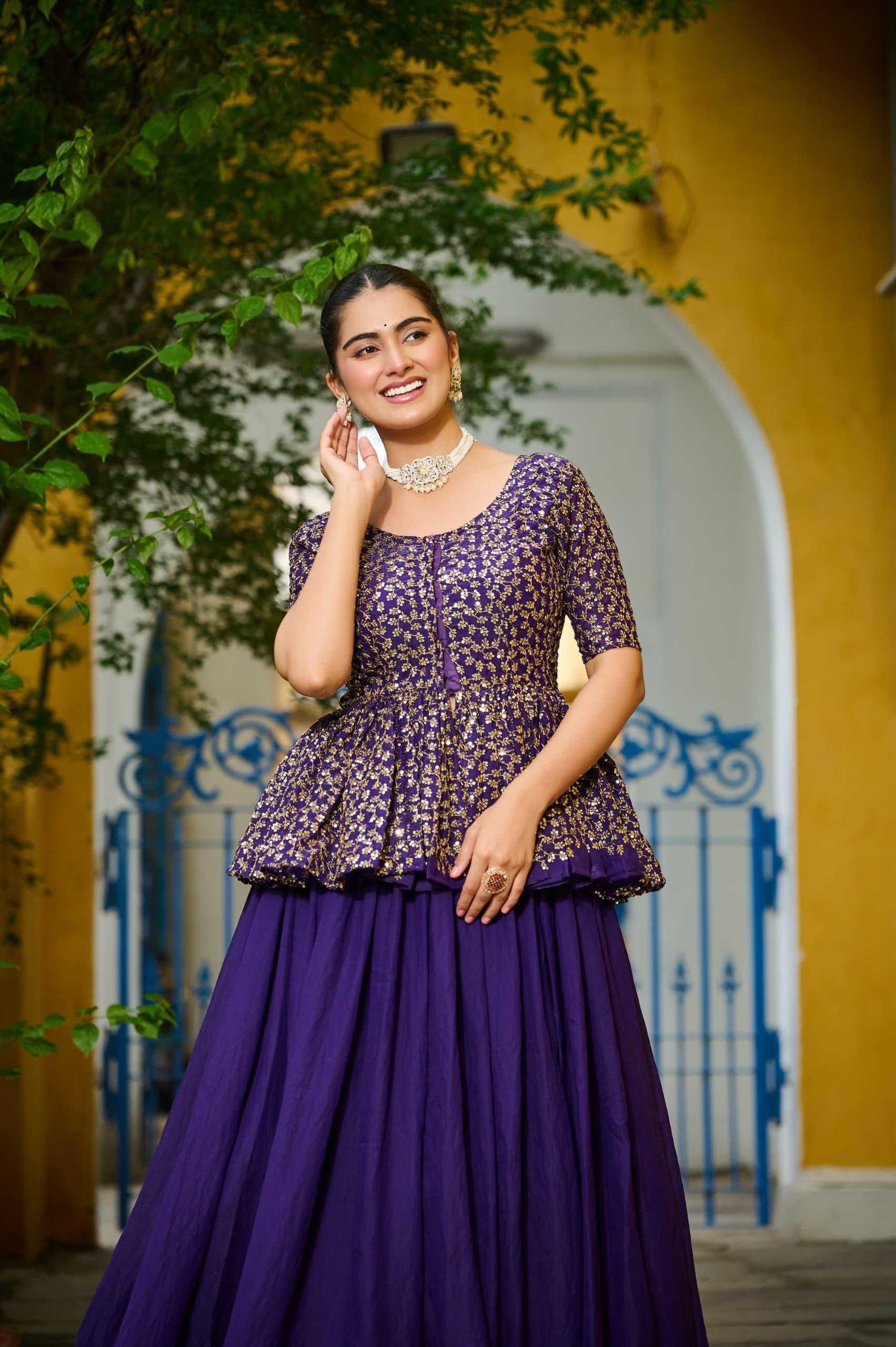 Lehenga Designer Sequins Embroidered Readymade Lehenga choli Set in purple worn by a woman, perfect for functions and partywear.