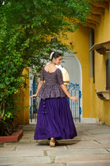 Lehenga Designer Sequins Embroidered Readymade Lehenga choli Set with flared purple skirt and patterned blouse.