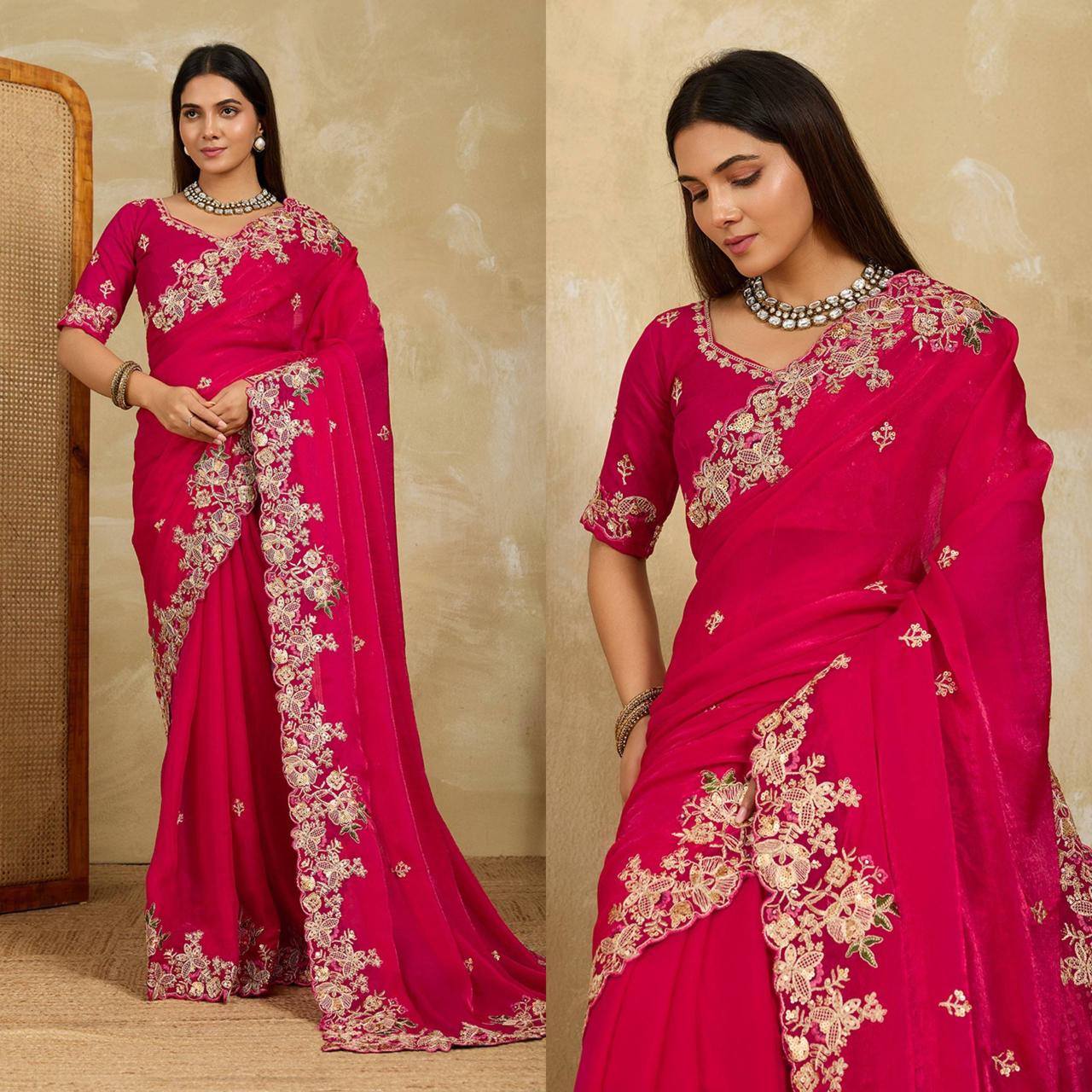 Saree for Wedding in Soft Fendy Chiffon featuring Embroidery Work Lace Border and Running Plain Blouse Piece.