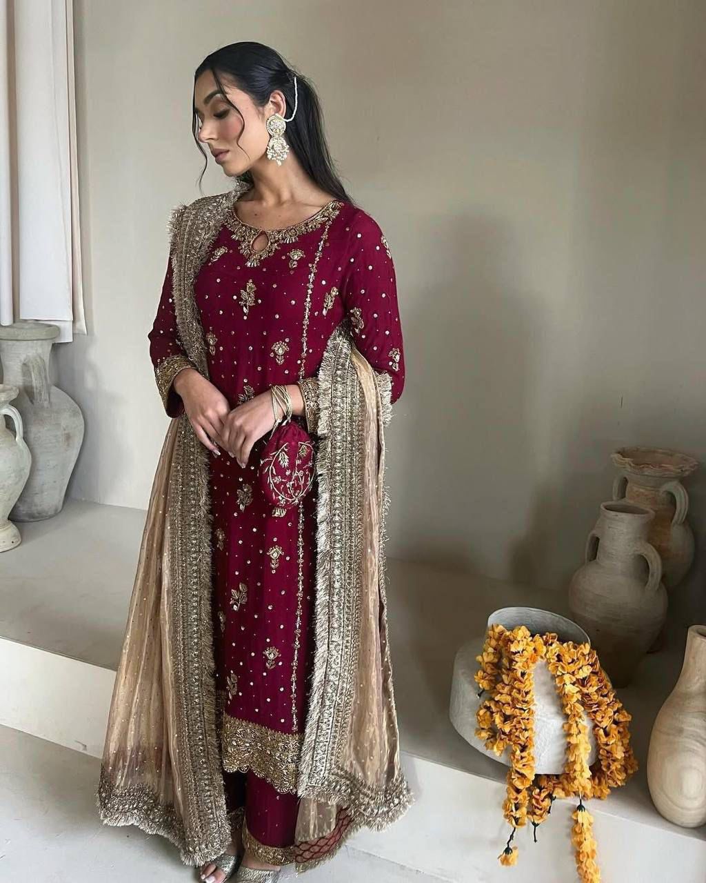 Fancy Faux Georgette Suit with Sequins Embroidery & Dupatta – 4 Colors