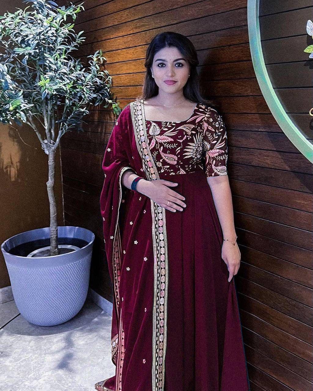 Designer Georgette Anarkali Gown with Sequins Embroidery & Dupatta