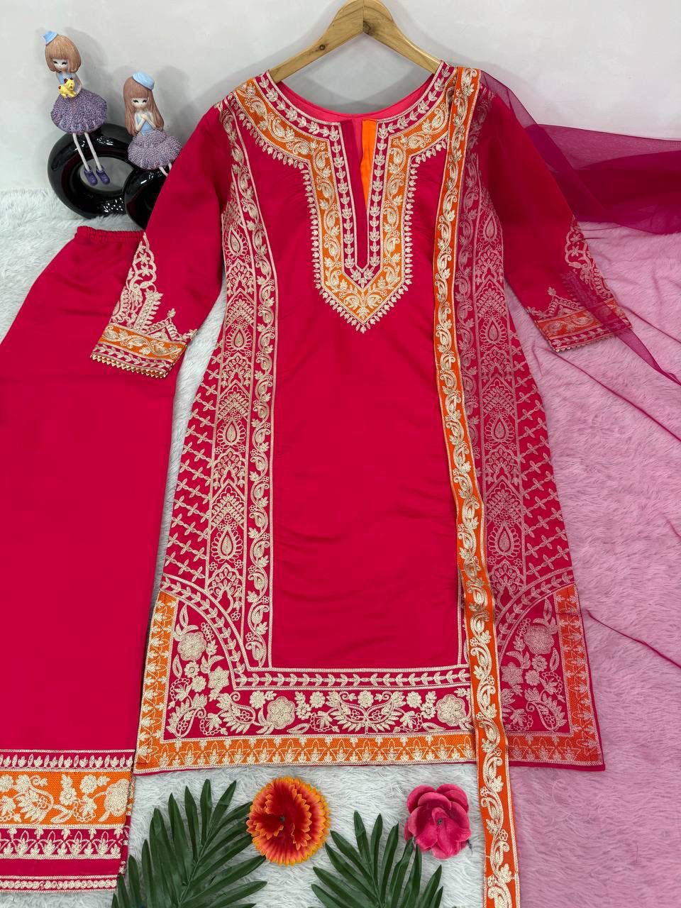 Designer Roman Silk Suit Set with Heavy Chine Stitch Work & Dupatta