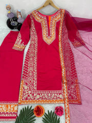 Designer Roman Silk Suit Set with Heavy Chine Stitch Work & Dupatta