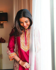 Designer Roman Silk Suit Set with Heavy Chine Stitch Work & Dupatta
