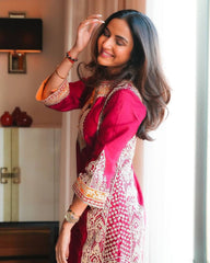 Designer Roman Silk Suit Set with Heavy Chine Stitch Work & Dupatta