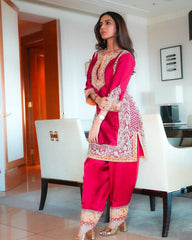 Designer Roman Silk Suit Set with Heavy Chine Stitch Work & Dupatta