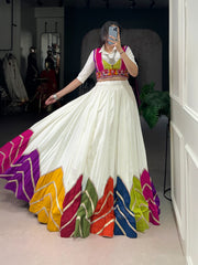 Multi colour patched bottom ane casual shirt choli sathe Gamthi koti – perfect modern desi Navratri look