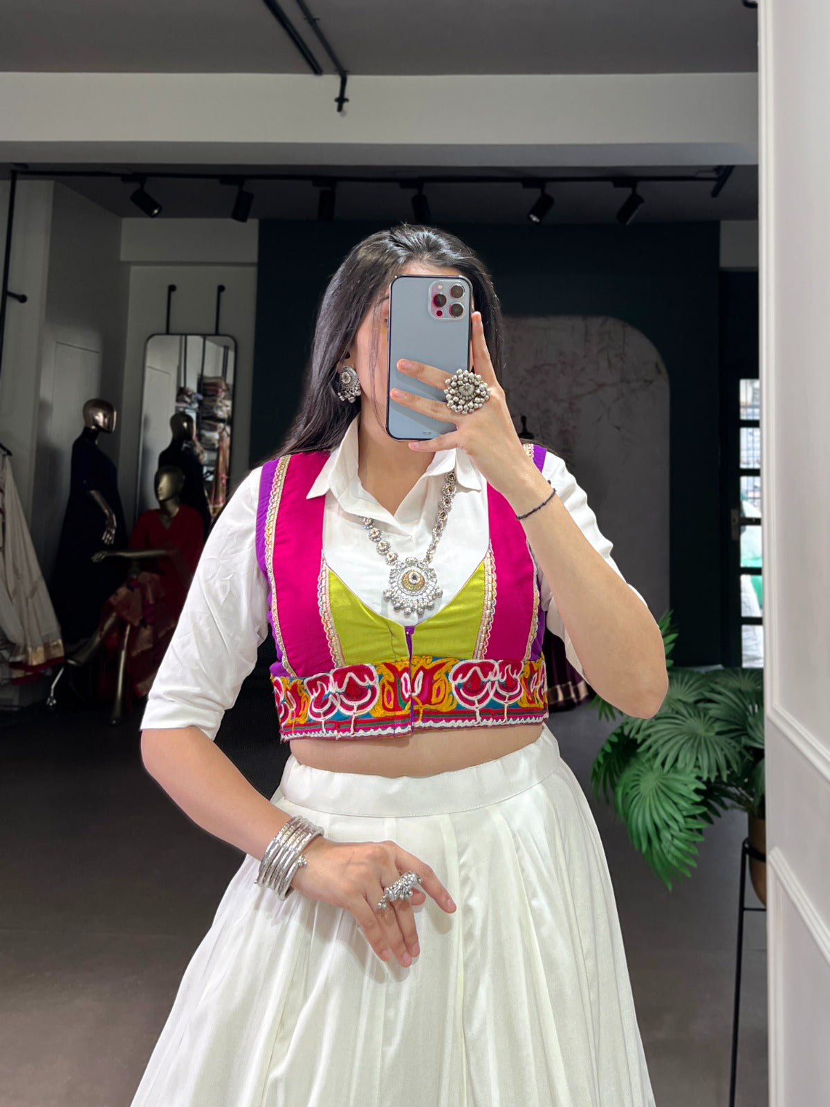Multi colour patched bottom ane casual shirt choli sathe Gamthi koti – perfect modern desi Navratri look