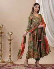 Beautiful Heavy quality Maslin Silk Fabric designer festive wear fully 2.8mtr Flair Gown and duppta