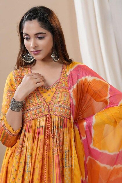 Beautiful Heavy quality Maslin Silk Fabric designer festive wear fully 2.8mtr Flair Gown and duppta