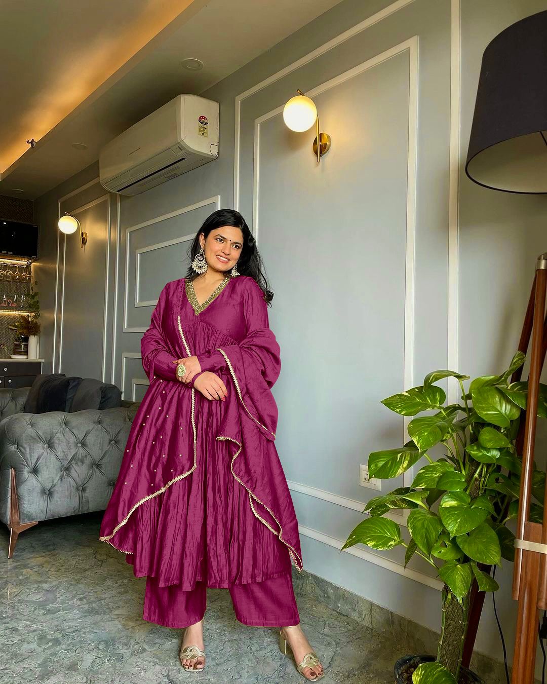 Party Wear Look Pur Chinon Silk Fancy Alia cut Anarkali Gown,Dupatta & Bottom Set